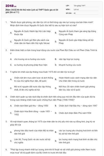 [Năm 2022] Đề thi thử môn Lịch sử THPT Quốc gia có lời giải (Đề số 11)