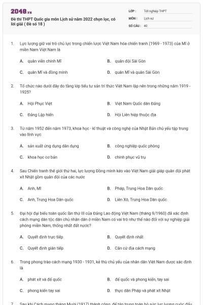 Đề thi THPT Quốc gia môn Lịch sử năm 2022 chọn lọc, có lời giải ( Đề số 18 )