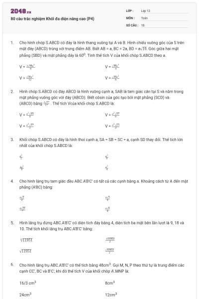 80 câu trắc nghiệm Khối đa diện nâng cao (P4)