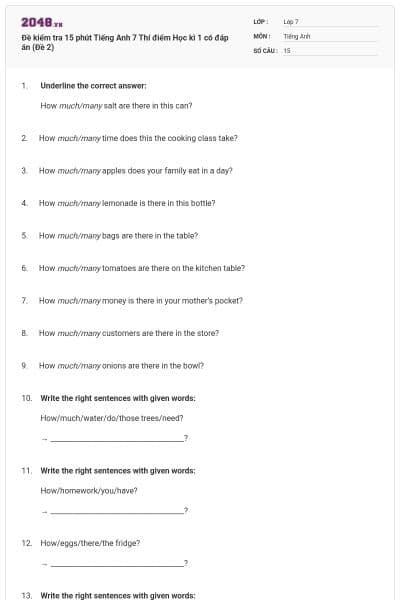 Đề kiểm tra 15 phút Tiếng Anh 7 Thí điểm Học kì 1 có đáp án (Đề 2)