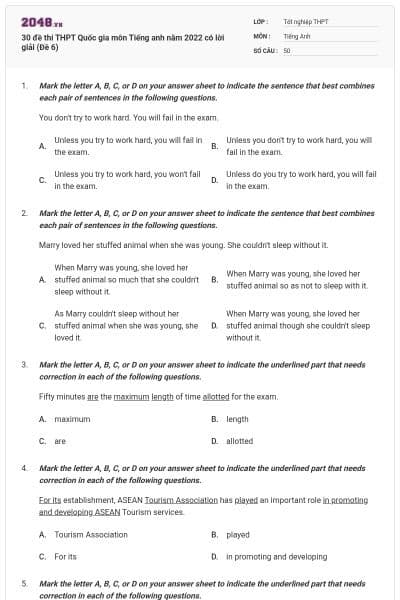 30 đề thi THPT Quốc gia môn Tiếng anh năm 2022 có lời giải (Đề 6)