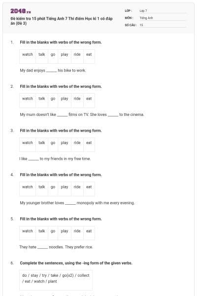 Đề kiểm tra 15 phút Tiếng Anh 7 Thí điểm Học kì 1 có đáp án (Đề 3)