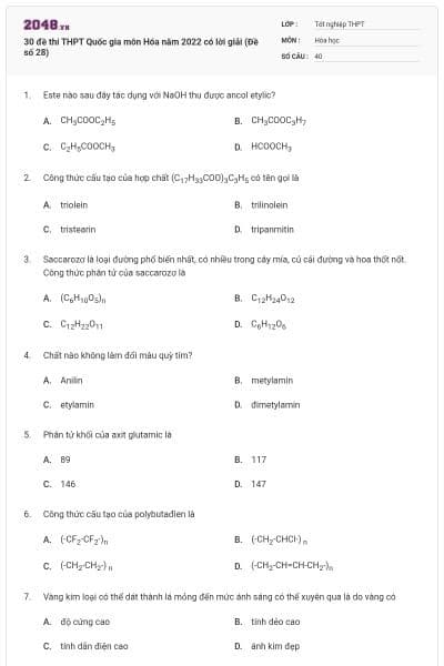 30 đề thi THPT Quốc gia môn Hóa năm 2022 có lời giải (Đề số 28)