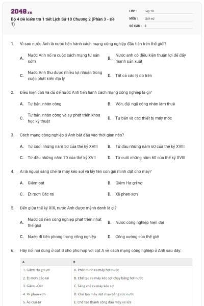 Bộ 4  Đề kiểm tra 1 tiết Lịch Sử 10 Chương 2 (Phần 3 - Đề 1)