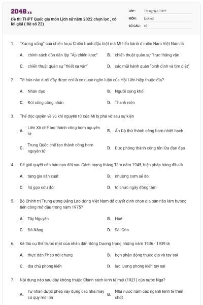 Đề thi THPT Quốc gia môn Lịch sử năm 2022 chọn lọc , có lời giải ( Đề số 22)