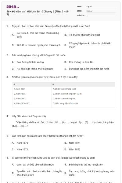 Bộ 4  Đề kiểm tra 1 tiết Lịch Sử 10 Chương 2 (Phần 3 - Đề 3)