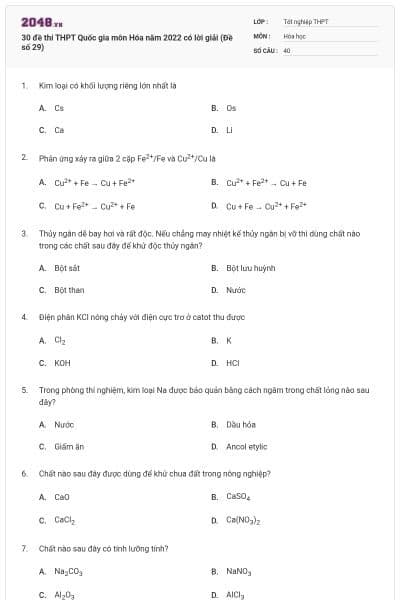 30 đề thi THPT Quốc gia môn Hóa năm 2022 có lời giải (Đề số 29)