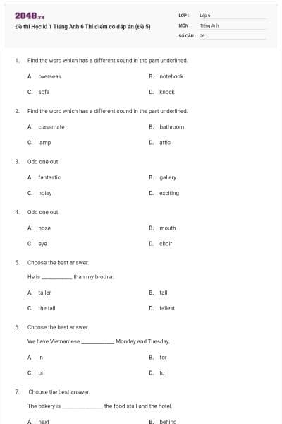 Đề thi Học kì 1 Tiếng Anh 6 Thí điểm có đáp án (Đề 5)