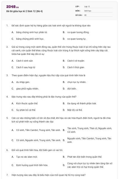 Đề thi giữa học kì 2 Sinh 12 (Đề 4)