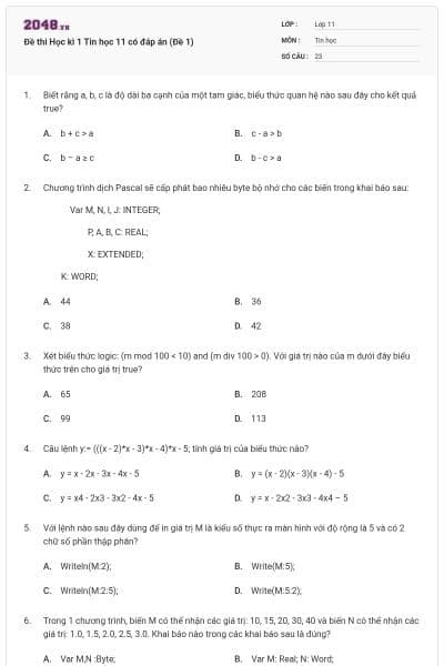 Đề thi Học kì 1 Tin học 11 có đáp án (Đề 1)