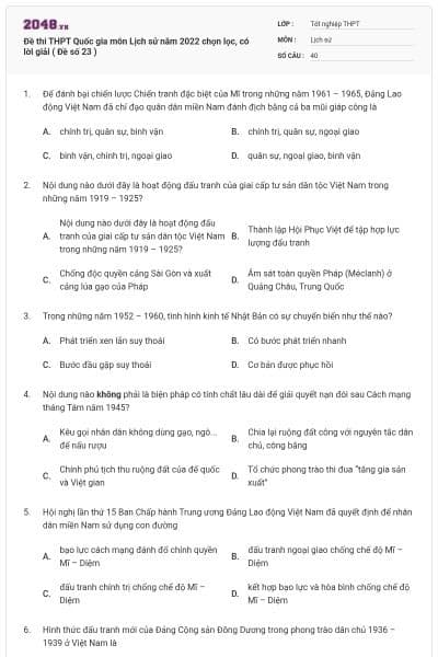 Đề thi THPT Quốc gia môn Lịch sử năm 2022 chọn lọc, có lời giải ( Đề số 23 )
