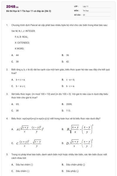 Đề thi Học kì 1 Tin học 11 có đáp án (Đề 3)