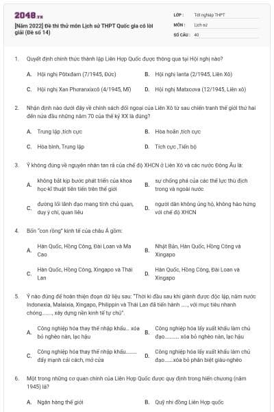 [Năm 2022] Đề thi thử môn Lịch sử THPT Quốc gia có lời giải (Đề số 14)