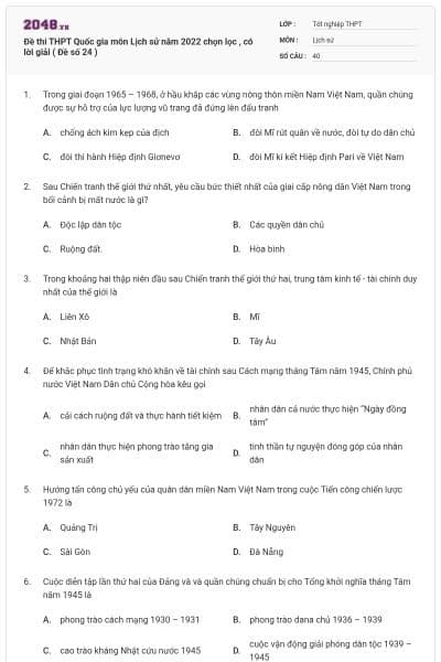 Đề thi THPT Quốc gia môn Lịch sử năm 2022 chọn lọc , có lời giải ( Đề số 24 )