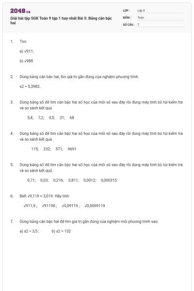 Giải bài tập SGK Toán 9 tập 1 hay nhất Bài 5: Bảng căn bậc hai