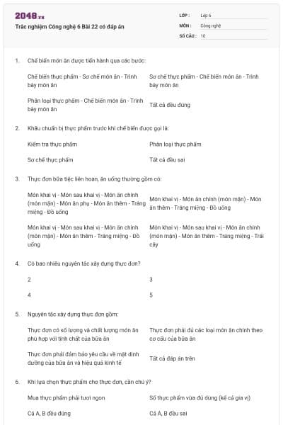 Trắc nghiệm Công nghệ 6 Bài 22 có đáp án