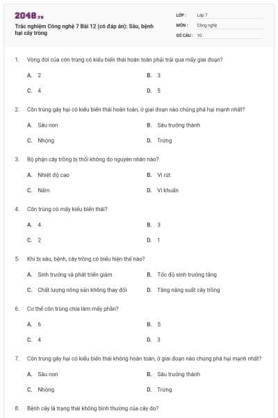 Trắc nghiệm Công nghệ 7 Bài 12 (có đáp án): Sâu, bệnh hại cây trồng