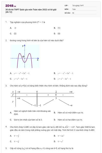 30 đề thi THPT Quốc gia môn Toán năm 2022 có lời giải (đề 12)