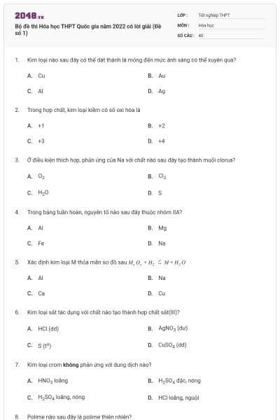Bộ đề thi Hóa học THPT Quốc gia năm 2022 có lời giải (Đề số 1)