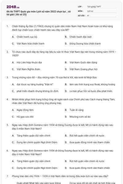 Đề thi THPT Quốc gia môn Lịch sử  năm 2022 chọn lọc , có lời giải ( Đề số 25)