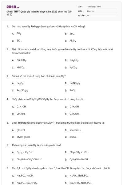 Đề thi THPT Quốc gia môn Hóa học năm 2022 chọn lọc (Đề số 2)