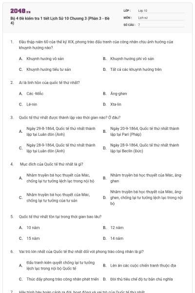 Bộ 4  Đề kiểm tra 1 tiết Lịch Sử 10 Chương 3 (Phần 3 - Đề 4)