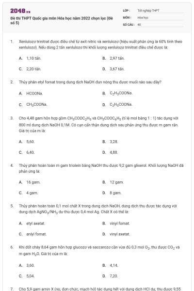 Đề thi THPT Quốc gia môn Hóa học năm 2022 chọn lọc (Đề số 5)