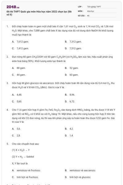 Đề thi THPT Quốc gia môn Hóa học năm 2022 chọn lọc (Đề số 6)