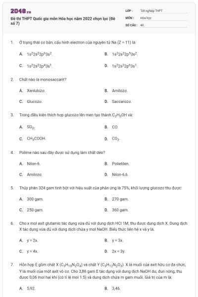 Đề thi THPT Quốc gia môn Hóa học năm 2022 chọn lọc (Đề số 7)