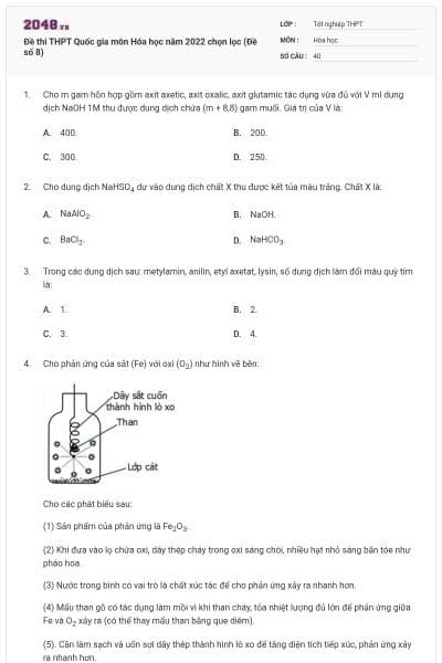 Đề thi THPT Quốc gia môn Hóa học năm 2022 chọn lọc (Đề số 8)