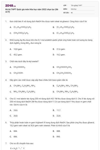 Đề thi THPT Quốc gia môn Hóa học năm 2022 chọn lọc (Đề số 9)