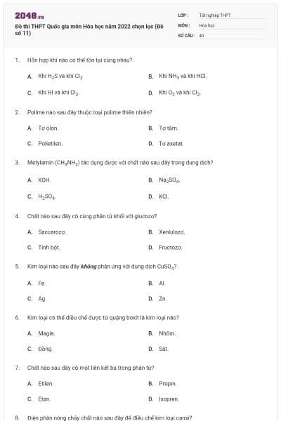 Đề thi THPT Quốc gia môn Hóa học năm 2022 chọn lọc (Đề số 11)