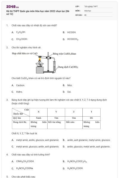 Đề thi THPT Quốc gia môn Hóa học năm 2022 chọn lọc (Đề số 12)