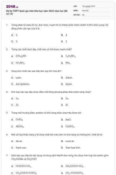Đề thi THPT Quốc gia môn Hóa học năm 2022 chọn lọc (Đề số 13)