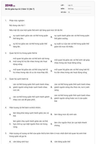 Đề thi giữa học kì 2 Sinh 12 (Đề 7)