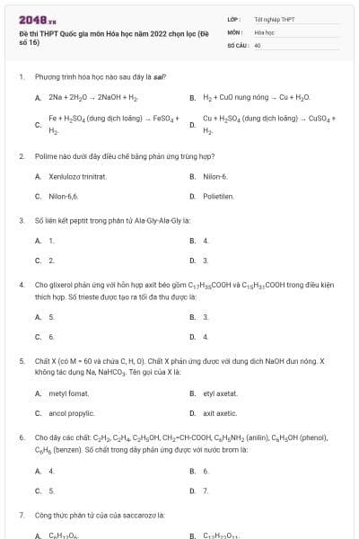 Đề thi THPT Quốc gia môn Hóa học năm 2022 chọn lọc (Đề số 16)