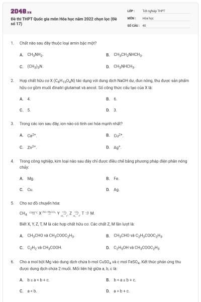 Đề thi THPT Quốc gia môn Hóa học năm 2022 chọn lọc (Đề số 17)