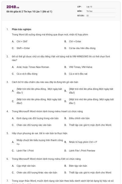 Đề thi giữa kì 2 Tin học 10 Lần 1 (Đề số 1)