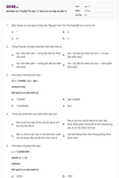 Đề kiểm tra 15 phút Tin học 11 Học kì 2 có đáp án (Đề 1)