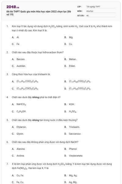 Đề thi THPT Quốc gia môn Hóa học năm 2022 chọn lọc (Đề số 19)