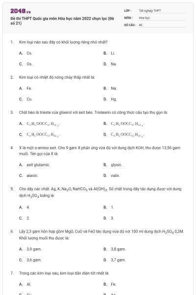 Đề thi THPT Quốc gia môn Hóa học năm 2022 chọn lọc (Đề số 21)