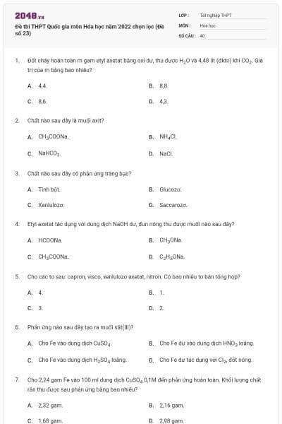 Đề thi THPT Quốc gia môn Hóa học năm 2022 chọn lọc (Đề số 23)