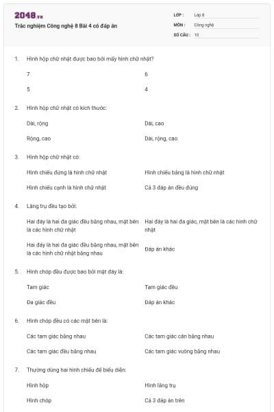 Trắc nghiệm Công nghệ 8 Bài 4 có đáp án