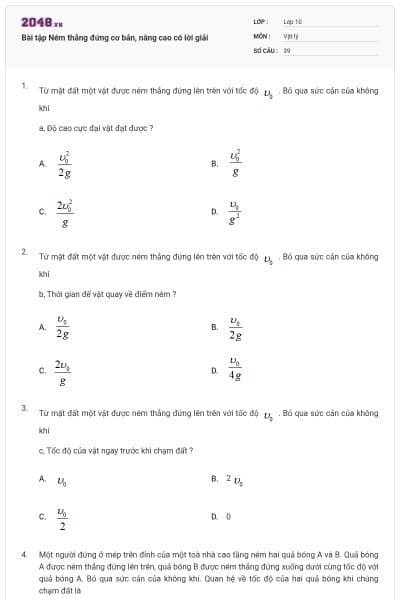 Bài tập Ném thẳng đứng cơ bản, nâng cao có lời giải