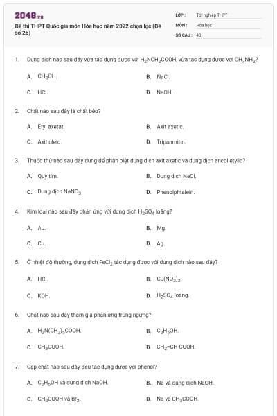 Đề thi THPT Quốc gia môn Hóa học năm 2022 chọn lọc (Đề số 25)