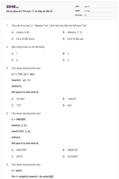 Đề thi giữa kì 2 Tin học 11 có đáp án (Đề 4)