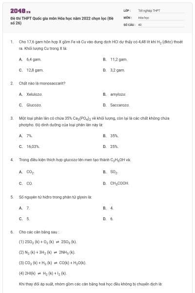 Đề thi THPT Quốc gia môn Hóa học năm 2022 chọn lọc (Đề số 26)