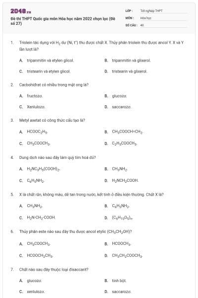 Đề thi THPT Quốc gia môn Hóa học năm 2022 chọn lọc (Đề số 27)