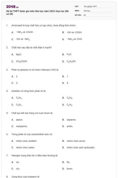 Đề thi THPT Quốc gia môn Hóa học năm 2022 chọn lọc (Đề số 28)