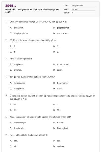 Đề thi THPT Quốc gia môn Hóa học năm 2022 chọn lọc (Đề số 29)